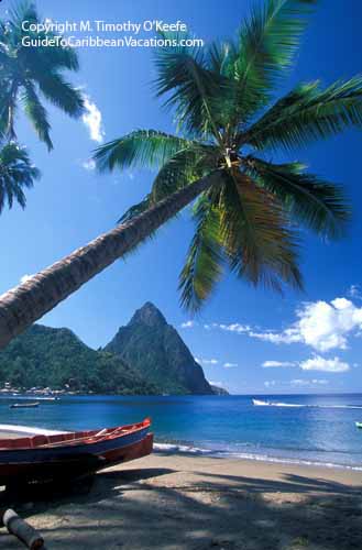 Fishing Boat & Piton at Soufriere St Lucia copyright M. Timothy O'Keefe www.GuideToCaribbeanVacations.com